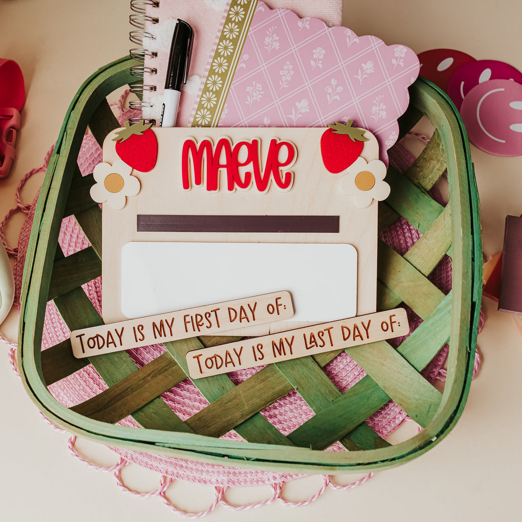 A woven green basket, featuring a central back to school sign that reads 'Maeve'.