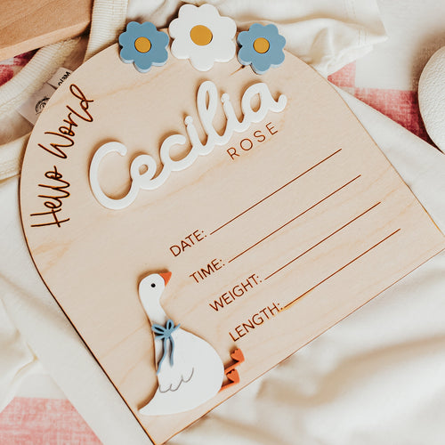 A personalized baby birth stat keepsake wooden plaque with the name 'Cecilia Rose' and a small white goose decoration, styled on top of a cream baby onesie over a pink and white checkered blanket.