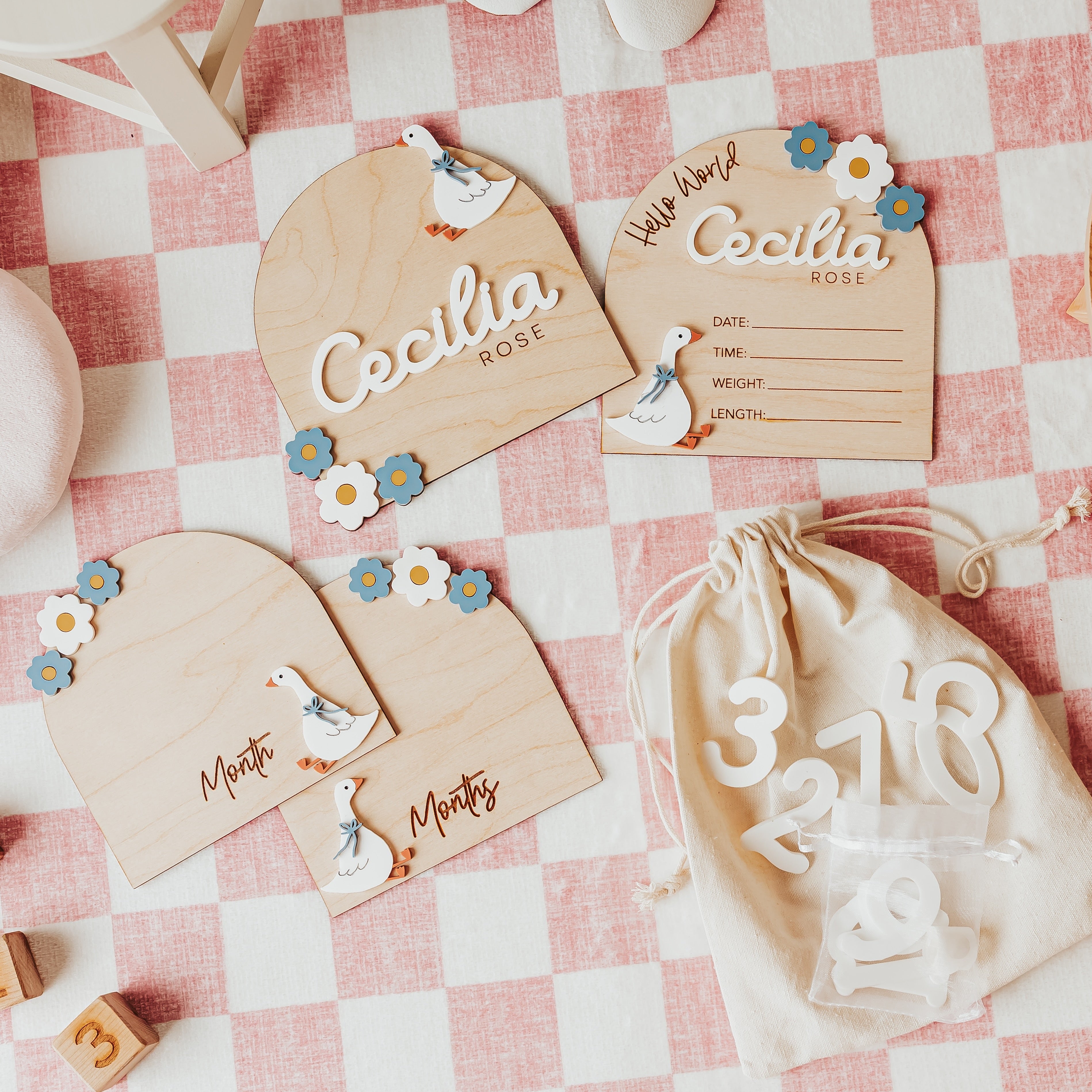 Personalized wooden baby announcement set and matching drawstring bag laid out on a pink-and-white checkered blanket with baby toys around them. The cards are engraved with names, dates, and silly goose illustrations.