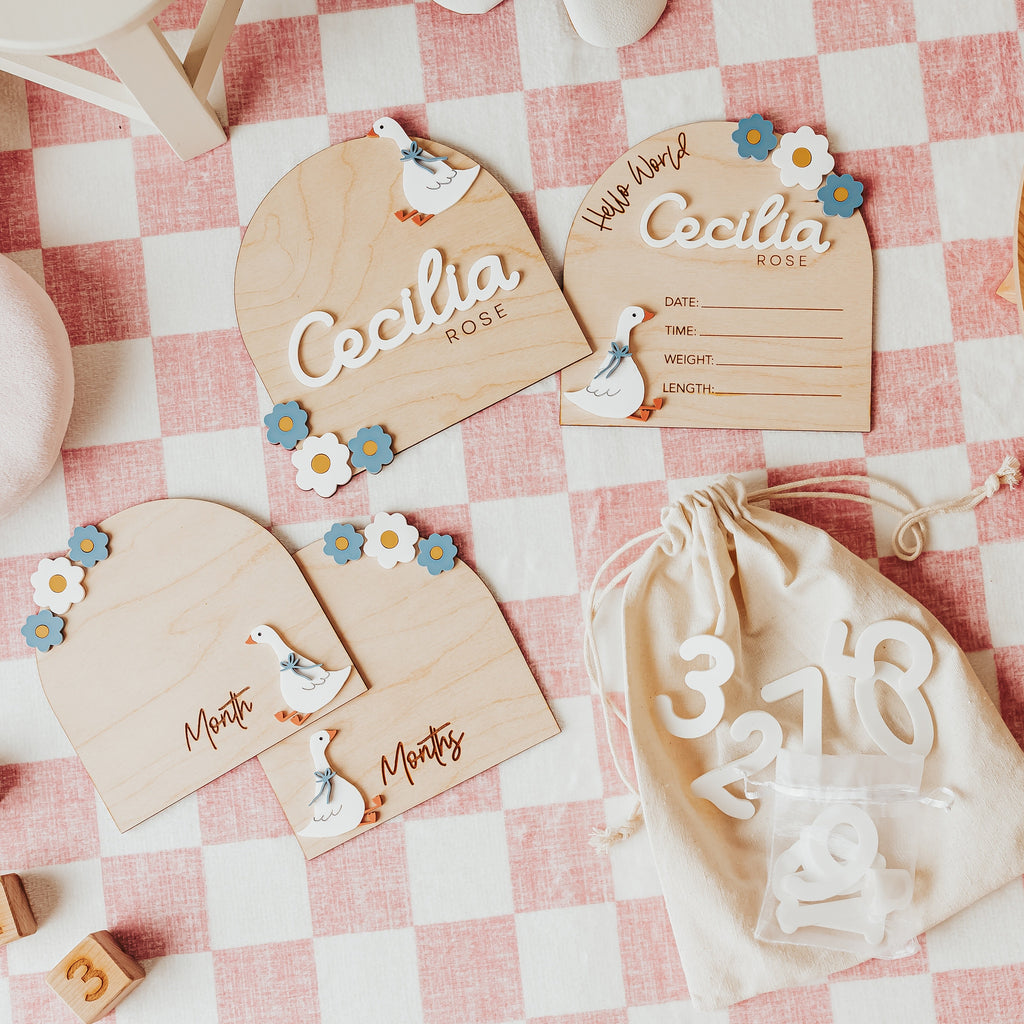 Personalized wooden baby baby announcement sets and matching drawstring bag laid out on a pink-and-white checkered blanket with baby toys around them. The cards are engraved with names, dates, and silly goose illustrations.