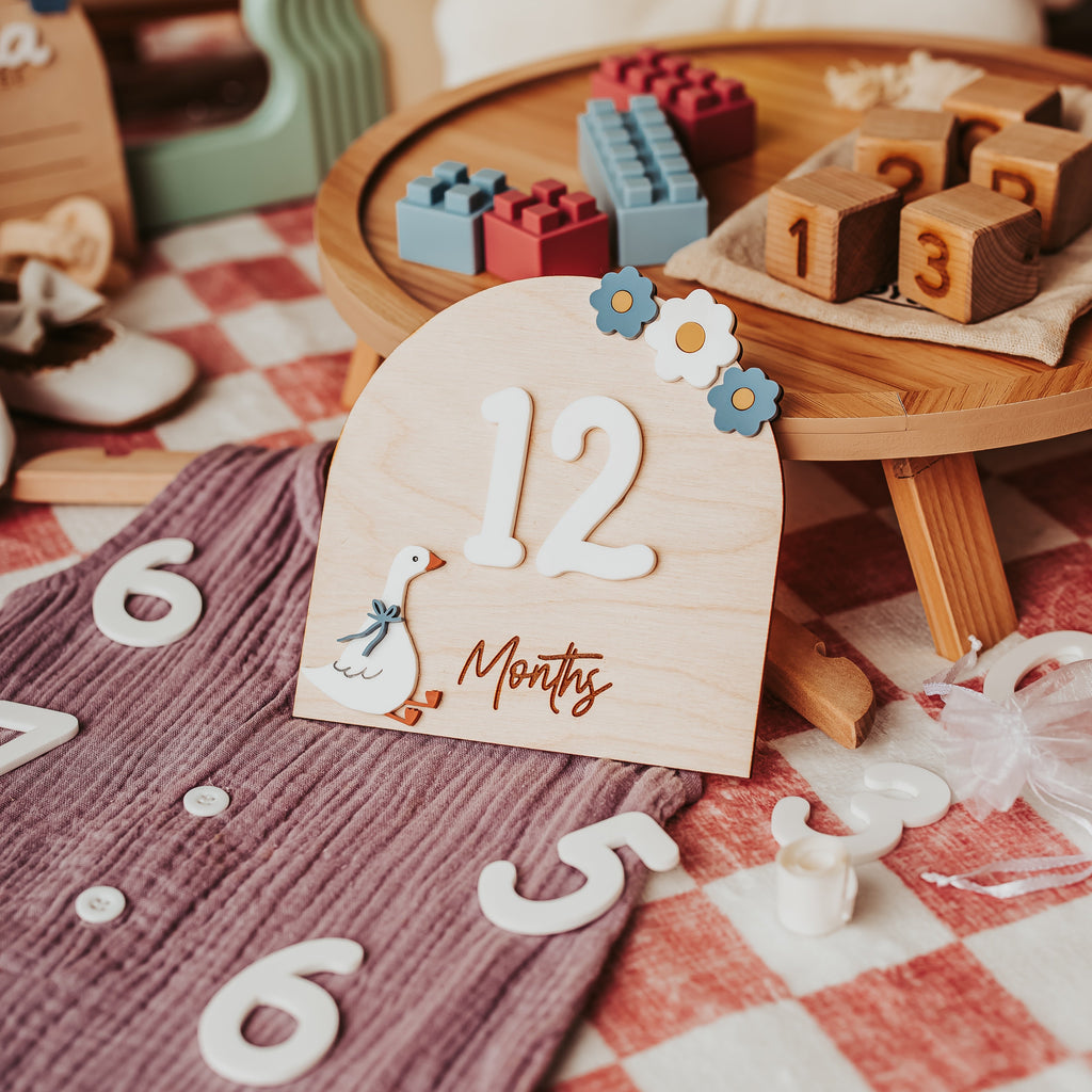 A wooden 12-month baby milestone plaque displayed on a red-and-white checkered blanket in a styled nursery setting with toys.