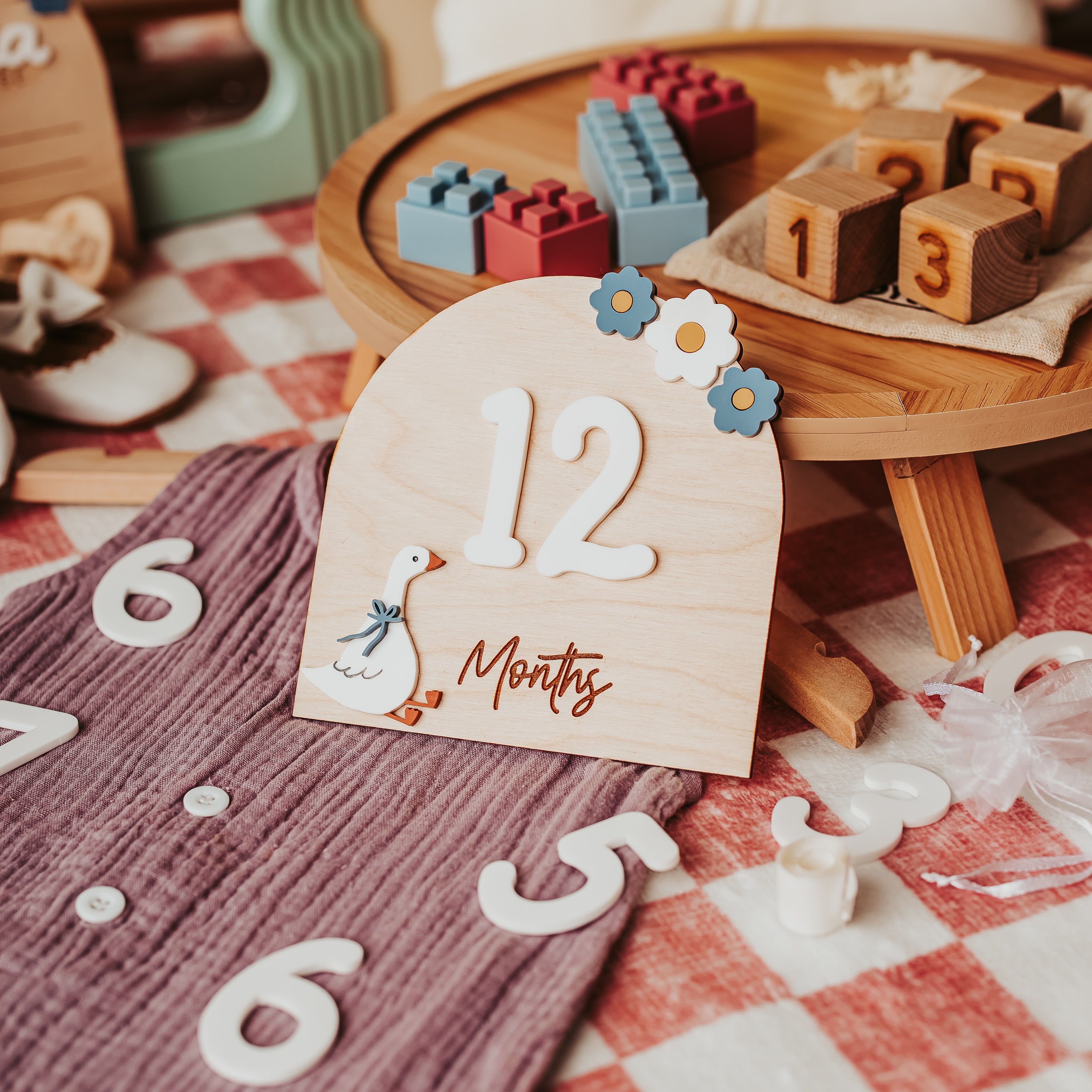 A wooden 12-month baby milestone plaque displayed on a red-and-white checkered blanket in a styled nursery setting with toys.