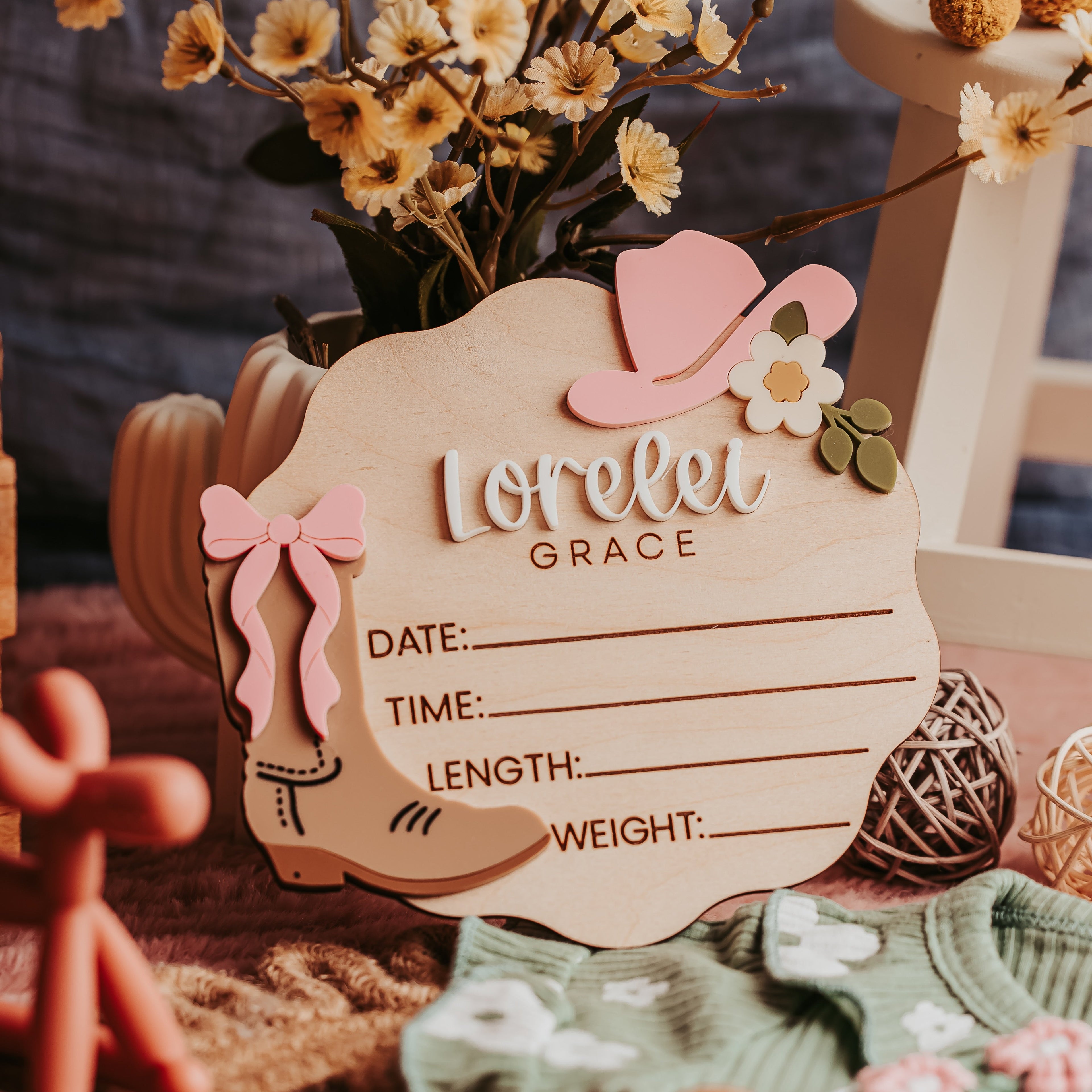 A wooden baby birth stat plaque with a cowboy boot design, personalized with the name 'Lorelei Grace', styled on a rustic table with dried flowers, a green baby outfit, and a small wooden stool in the background.